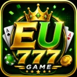 EU777 Game logo with gold and green 3D text, royal crown, casino chips, playing cards, and golden coins on a dark green background.