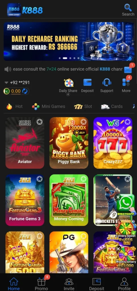 K888 Game - main Dashboard image